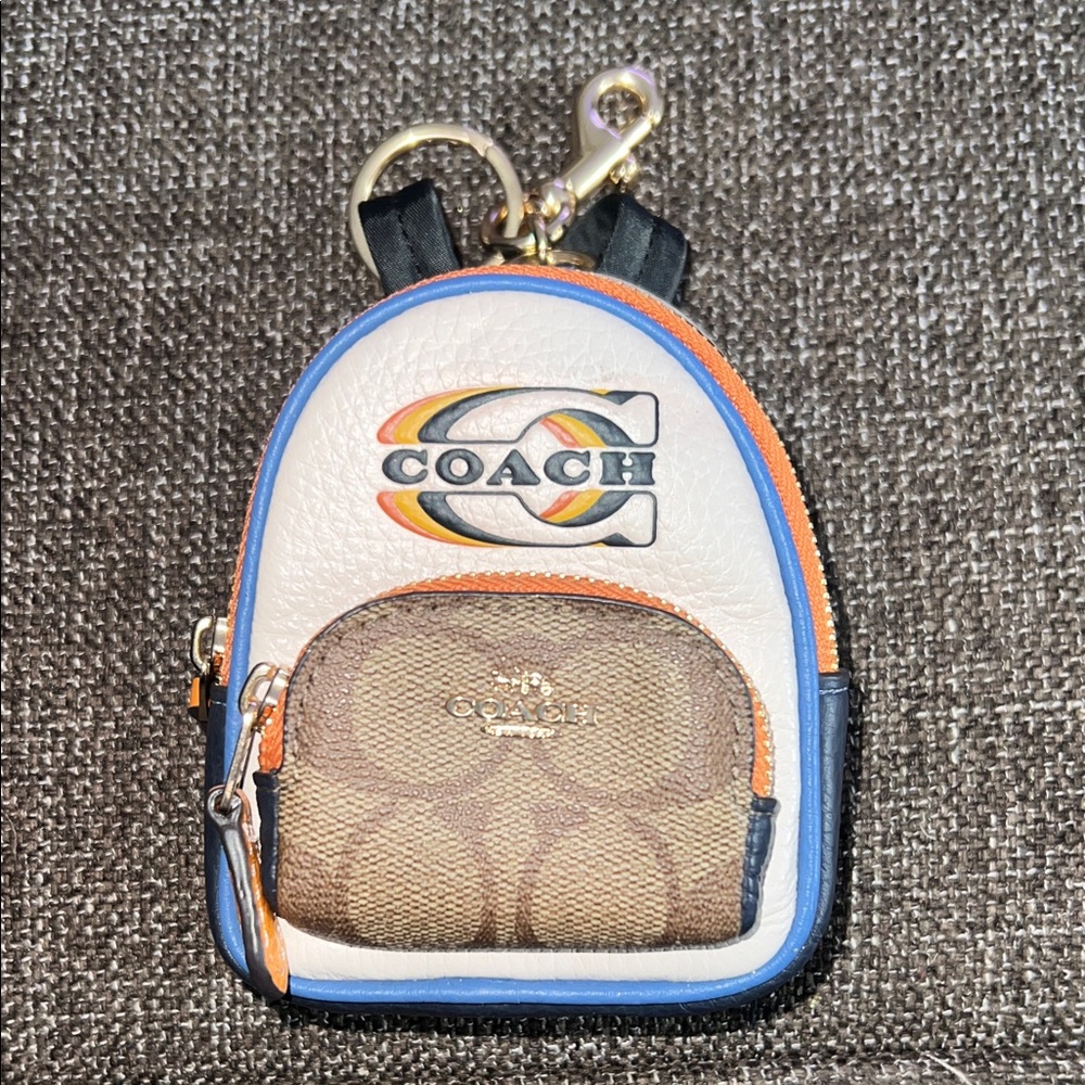Coach Kids Mini Backpack Keychain - White, Blue, Tan